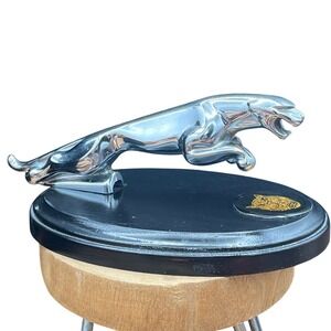 Jaguar Leaper Hood Ornament Mascot Chrome on Black Wood Display Base 7.5 Inch